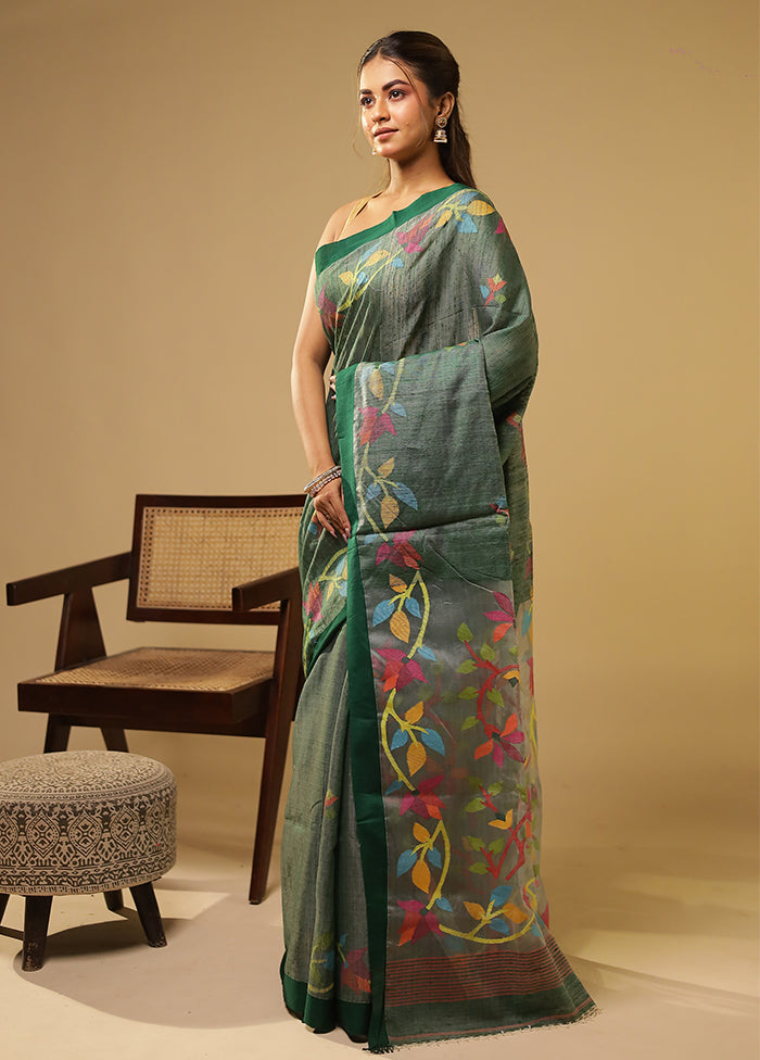 Green Handloom Matka Pure Silk Saree With Blouse Piece