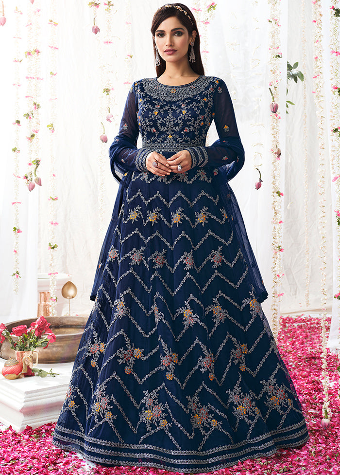 3 Pc Navy Blue Semi Stitched Satin Gown