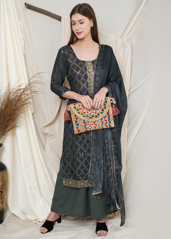 3 Pc Blue Chinon Chiffon Unstitched Suit Set VDSL031124 - Indian Silk House Agencies