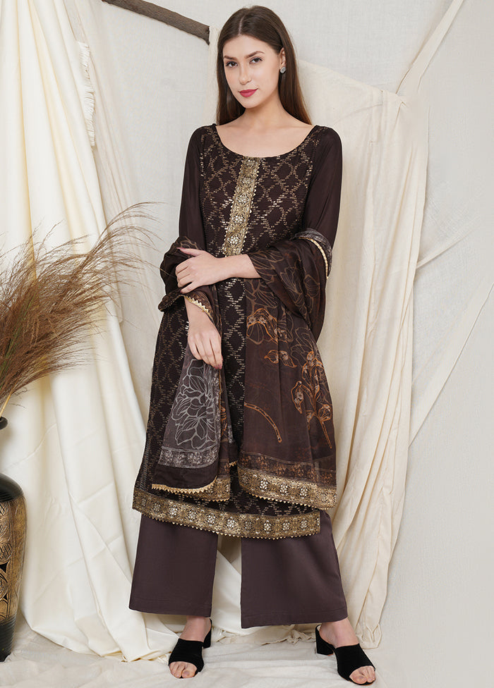 3 Pc Brown Chinon Chiffon Unstitched Suit Set VDSL031125 - Indian Silk House Agencies
