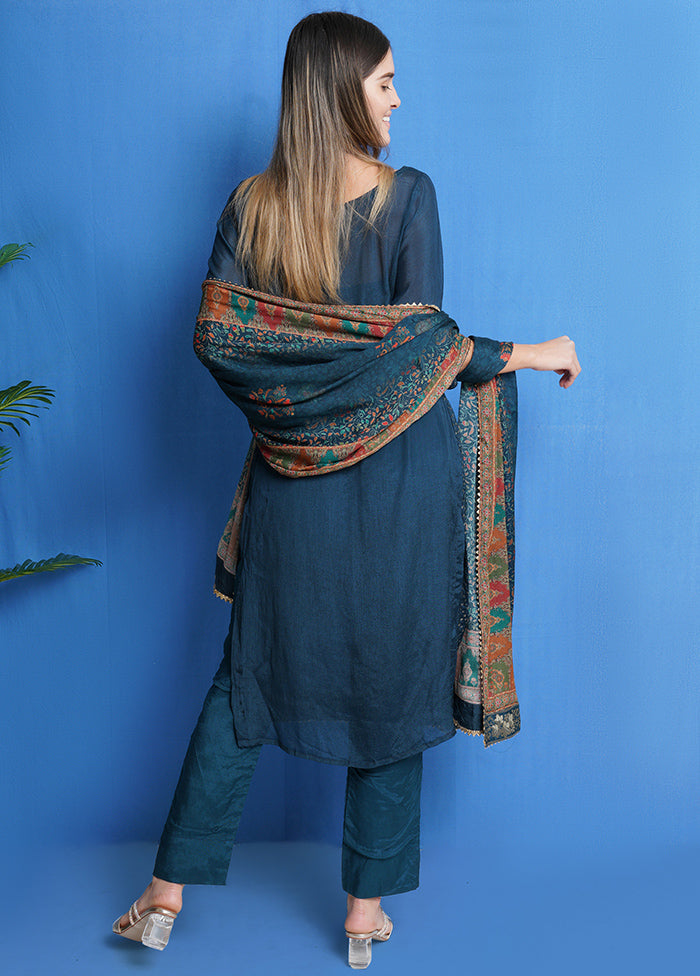 3 Pc Teal Unstitched Chinon Chiffon Suit Set VDSL040423 - Indian Silk House Agencies
