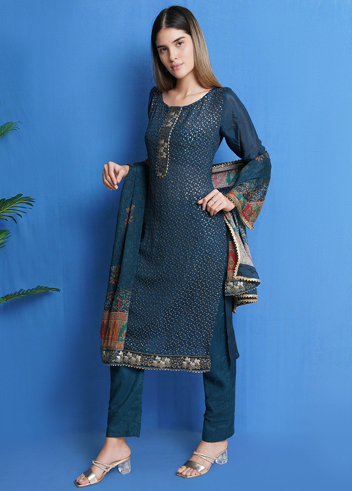 3 Pc Teal Unstitched Chinon Chiffon Suit Set VDSL040423 - Indian Silk House Agencies