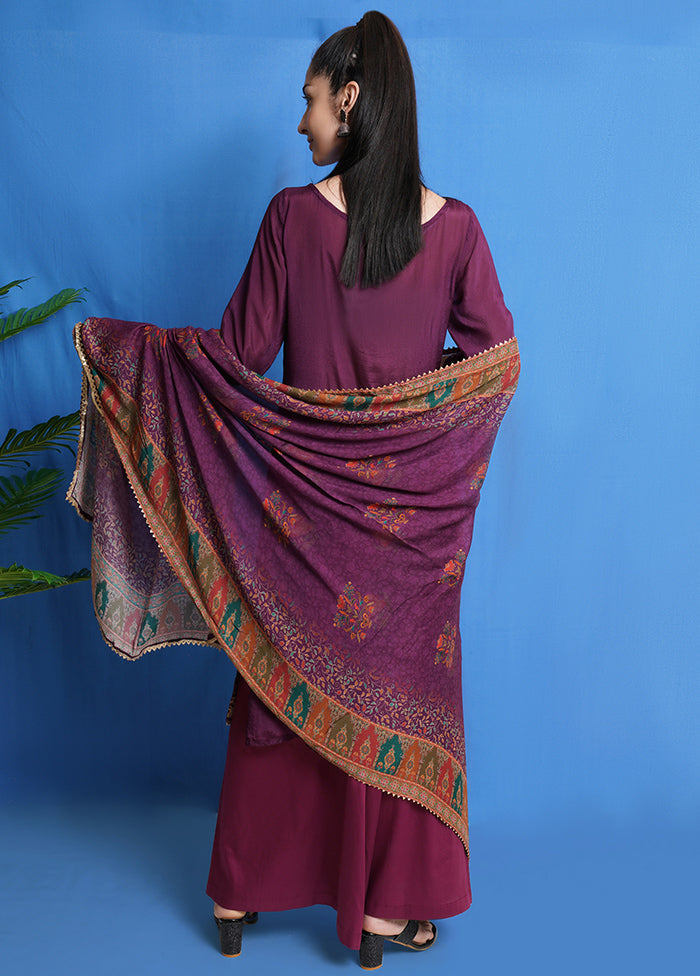 3 Pc Wine Unstitched Chinon Chiffon Suit Set VDSL040424 - Indian Silk House Agencies
