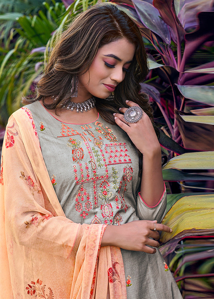 3 Pc Grey Unstitched Cotton Printed Suit Set VDSL130426 - Indian Silk House Agencies