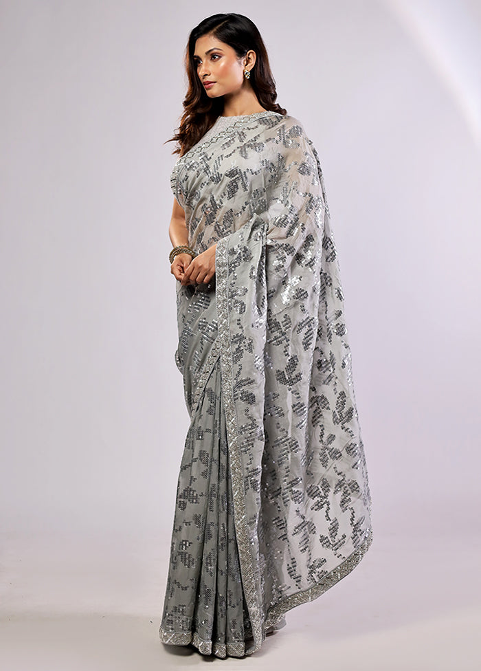 Grey Handloom Pure Georgette Saree With Blouse Piece