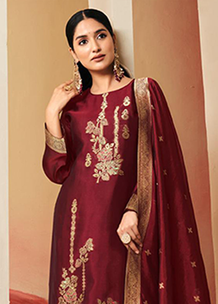 3 Pc Maroon Silk Suit Set
