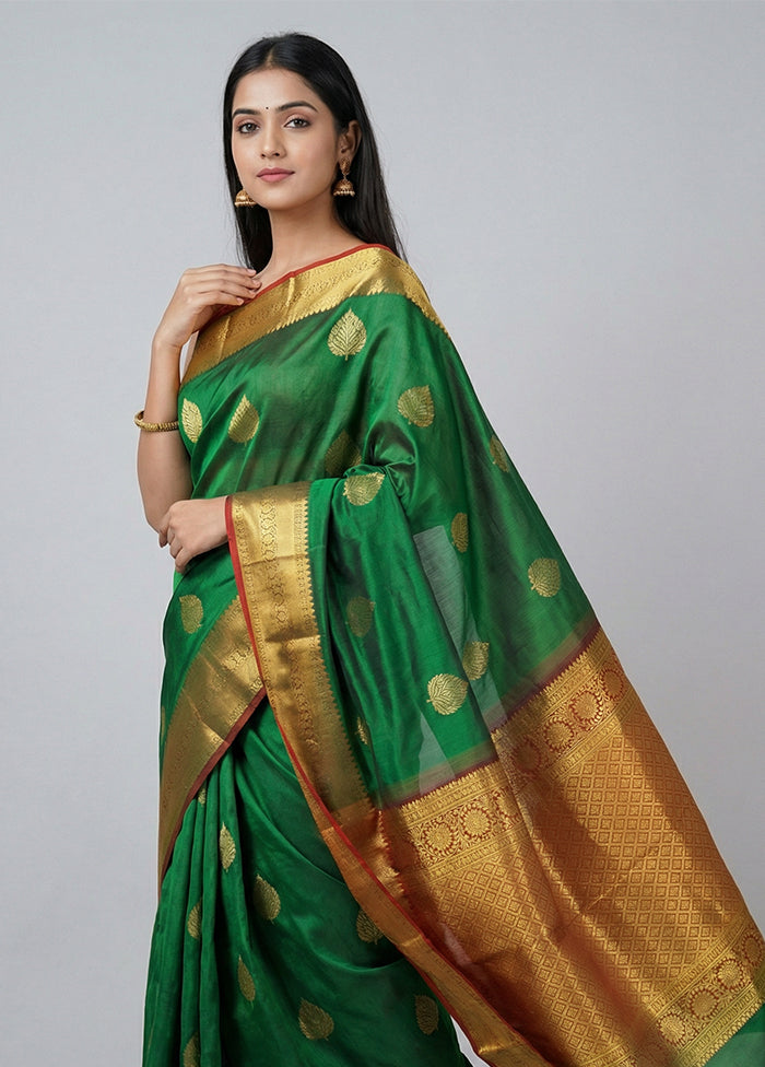 Green Handloom Kanchipuram Pure Silk Saree With Blouse Piece