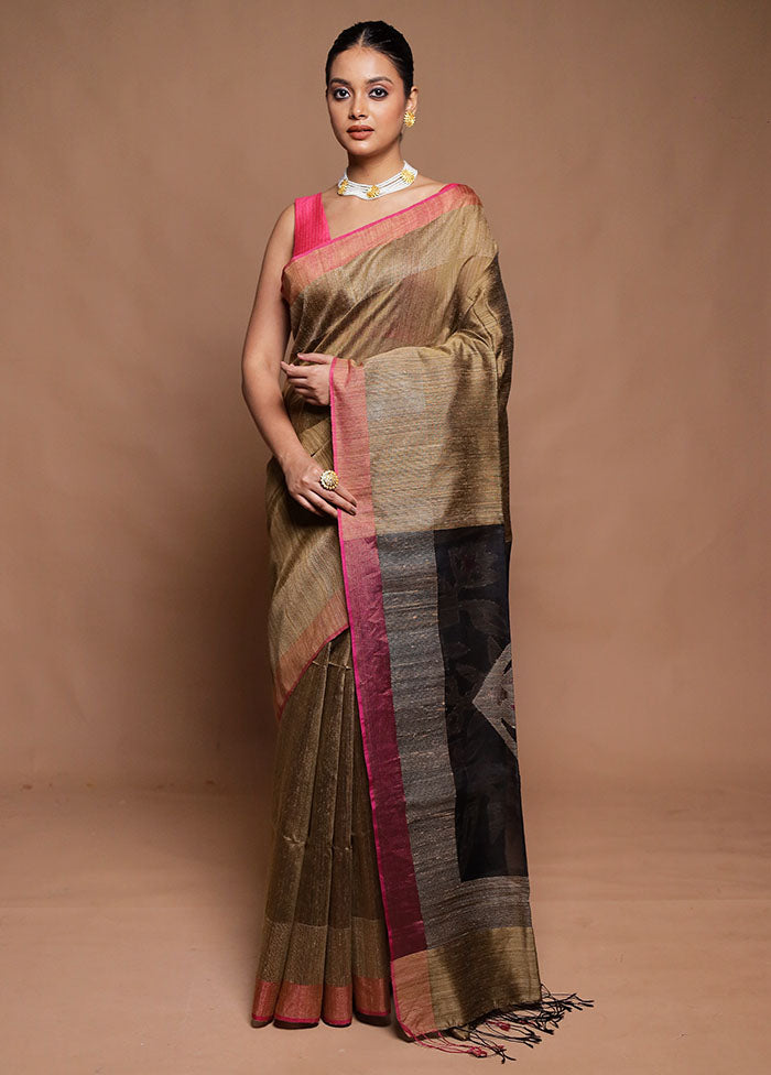 Brown Handloom Matka Pure Silk Saree With Blouse Piece