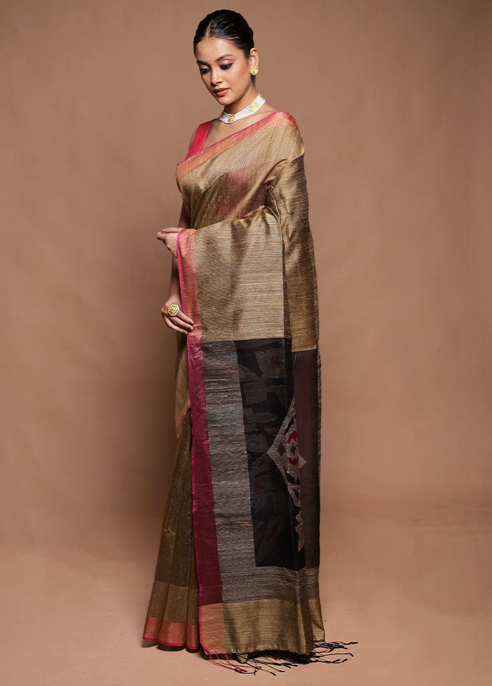 Brown Handloom Matka Pure Silk Saree With Blouse Piece
