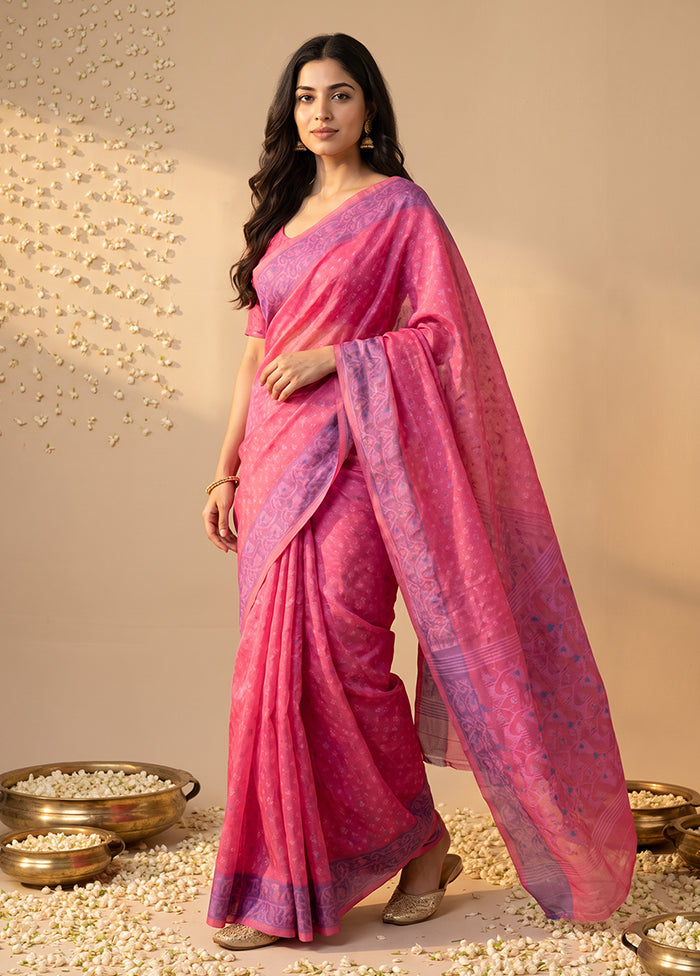 Pink Jamdani Cotton Saree Without Blouse Piece
