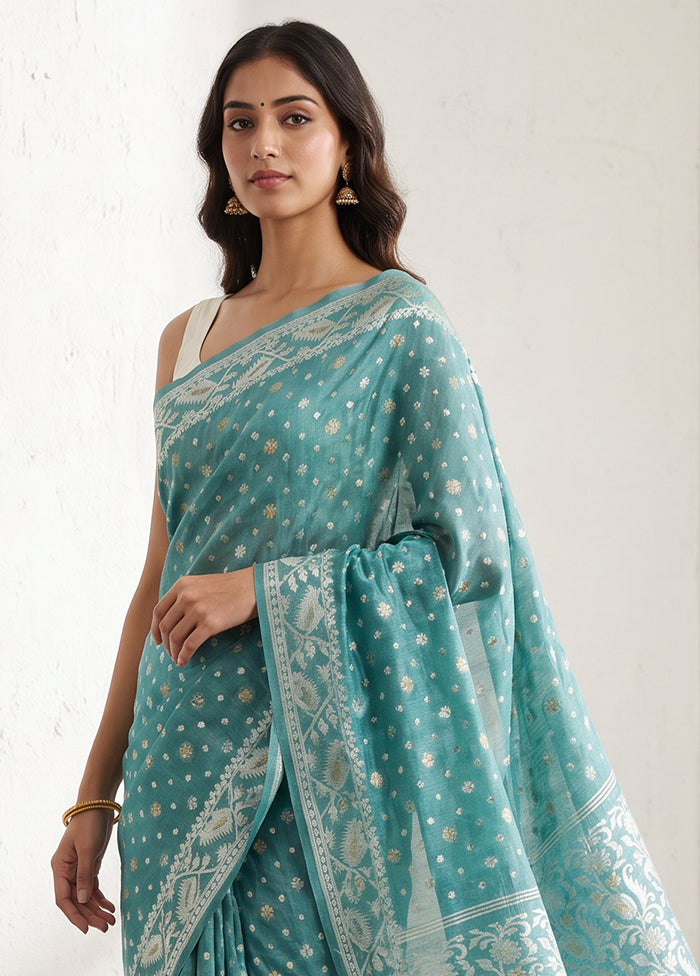 Green Jamdani Cotton Saree Without Blouse Piece