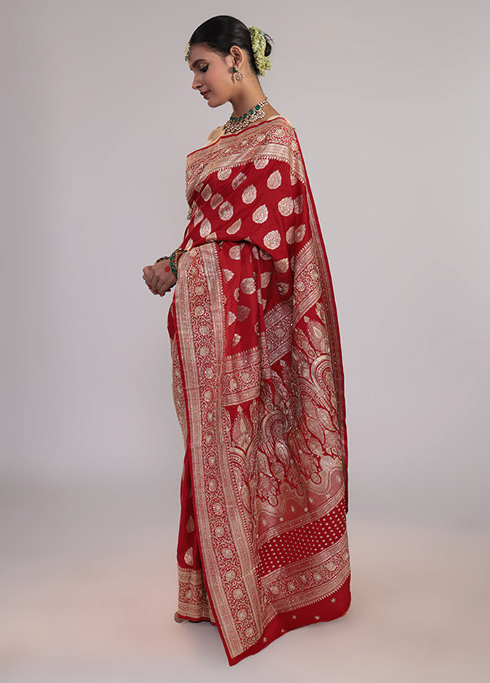 Red Handloom Banarasi Pure Silk Saree With Blouse Piece