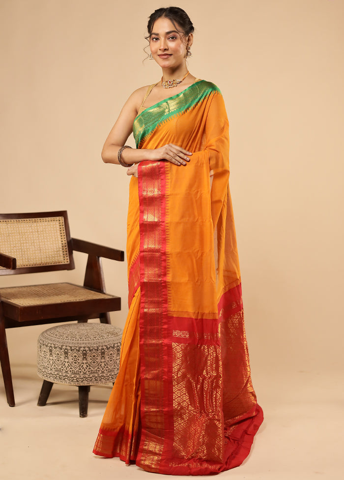 Yellow Gadwal Silk Saree Without Blouse Piece