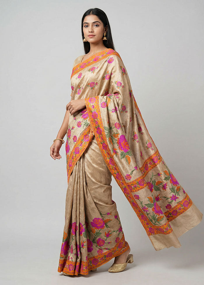 Cream Printed Silk Saree Without Blouse Piece