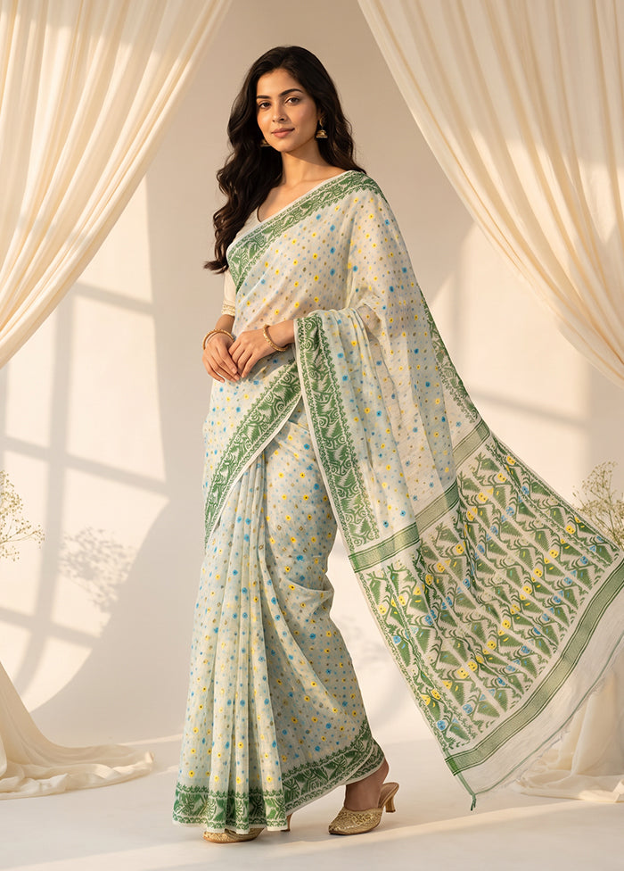 White Jamdani Cotton Saree Without Blouse Piece