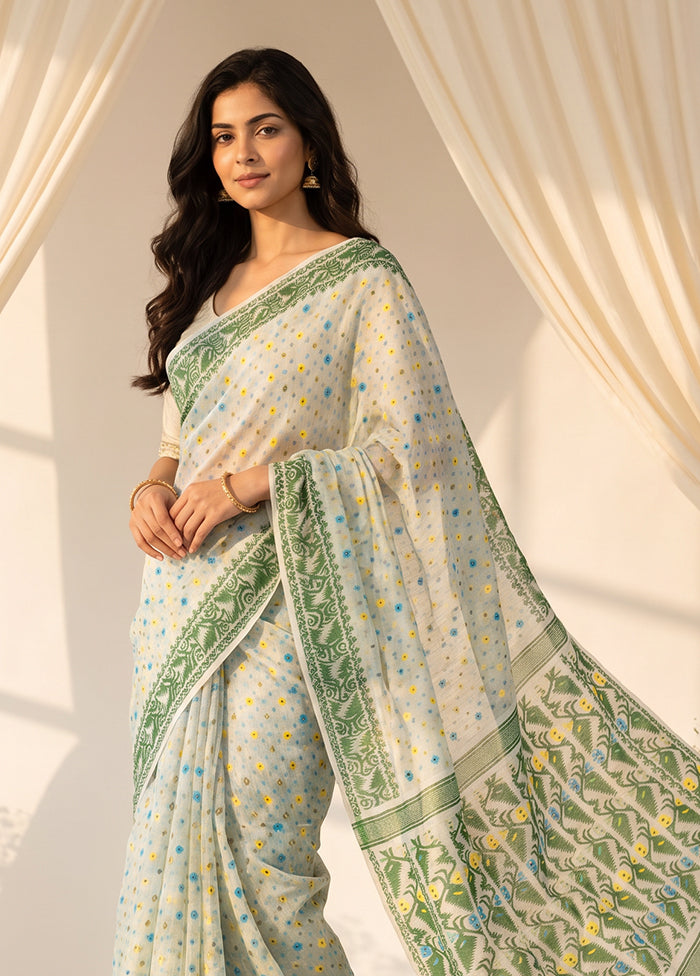 White Jamdani Cotton Saree Without Blouse Piece