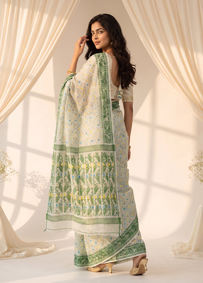 White Jamdani Cotton Saree Without Blouse Piece