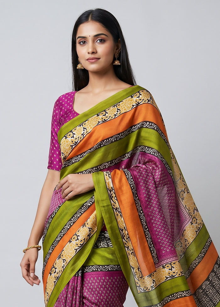 Pink Printed Pure Silk Saree Without Blouse Piece