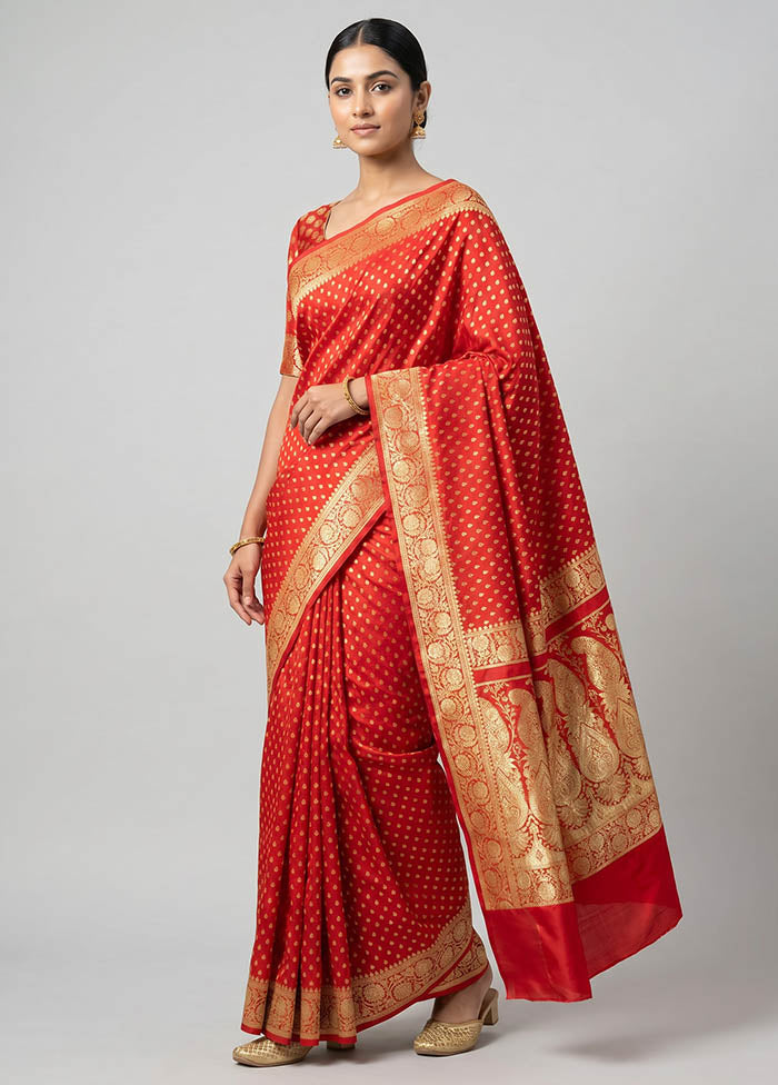 Red Handloom Banarasi Pure Silk Saree With Blouse Piece