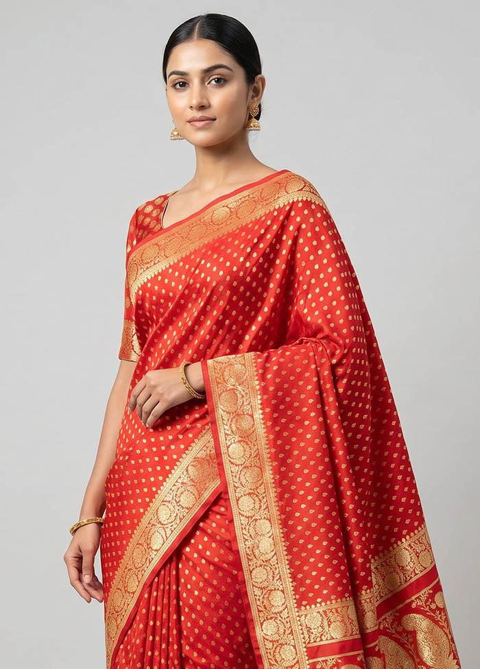 Red Handloom Banarasi Pure Silk Saree With Blouse Piece