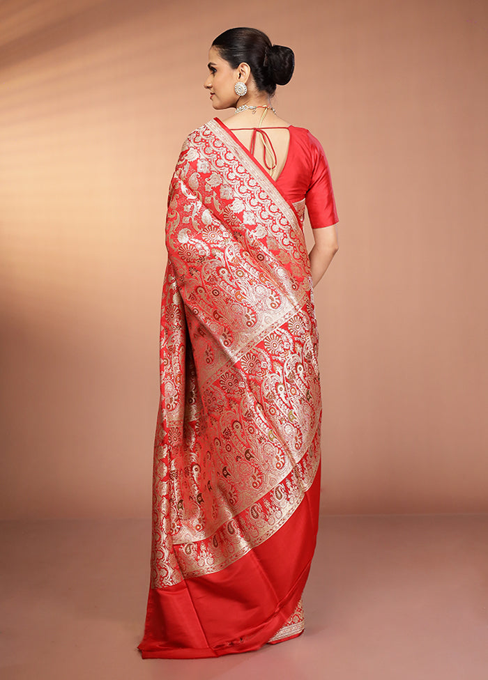 Red Handloom Banarasi Pure Silk Saree With Blouse Piece