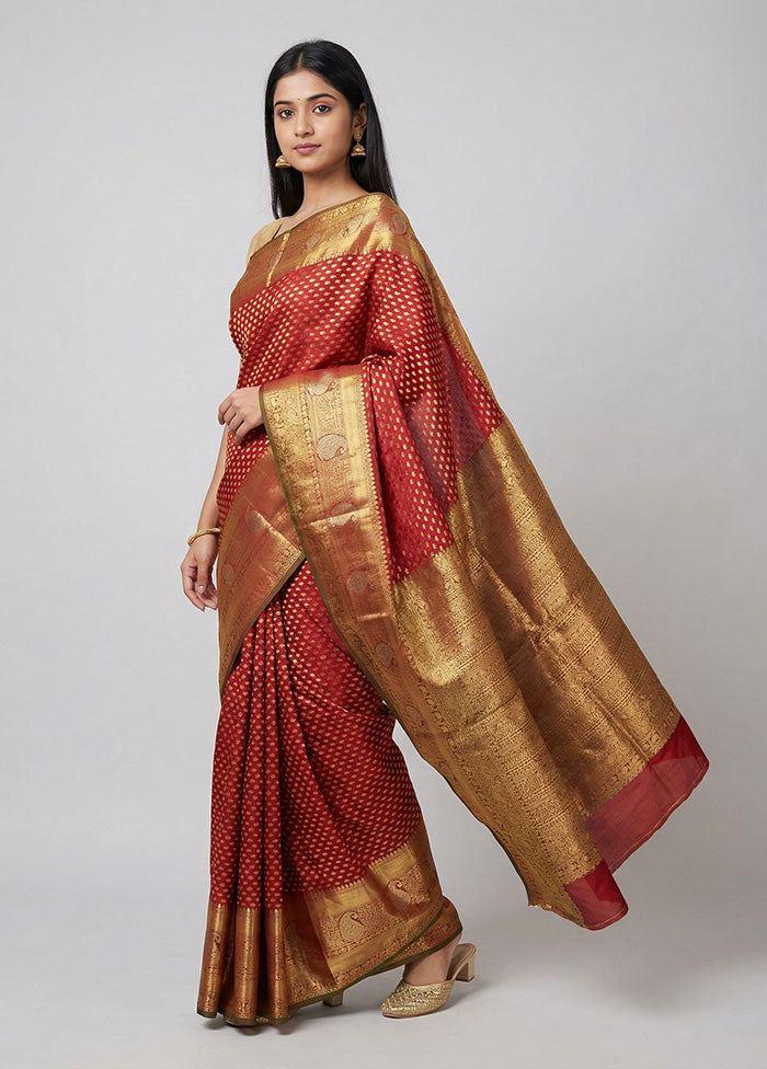 Maroon Handloom Kanchipuram Pure Silk Saree With Blouse Piece