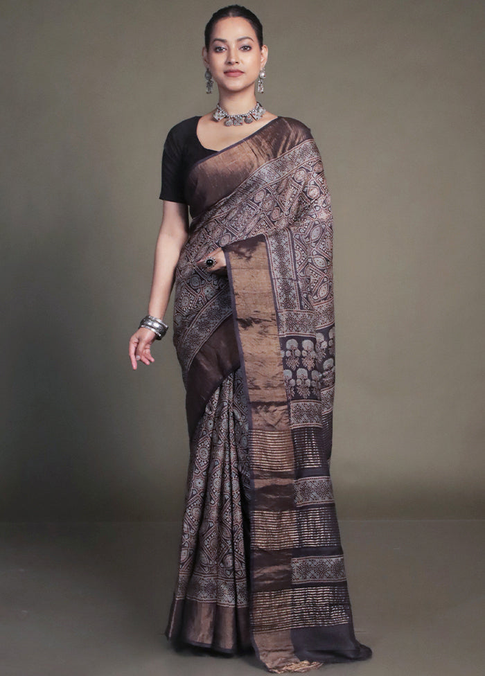 Brown Handloom Tussar Pure Silk Saree With Blouse Piece