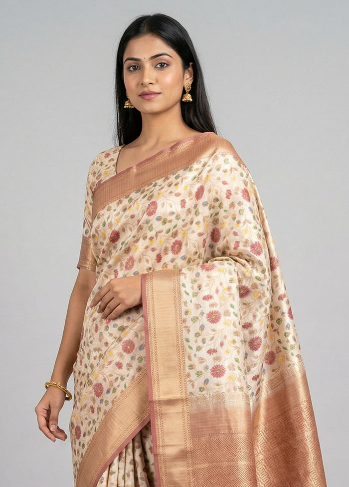 Cream Handloom Katan Pure Silk Saree With Blouse Piece
