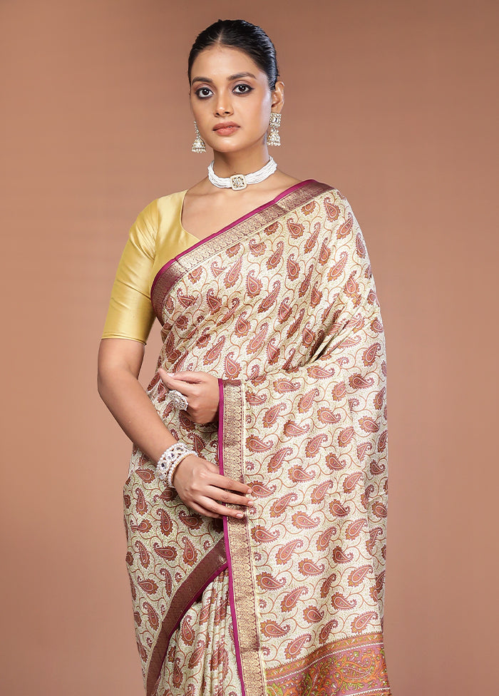 Cream Printed Silk Saree Without Blouse Piece