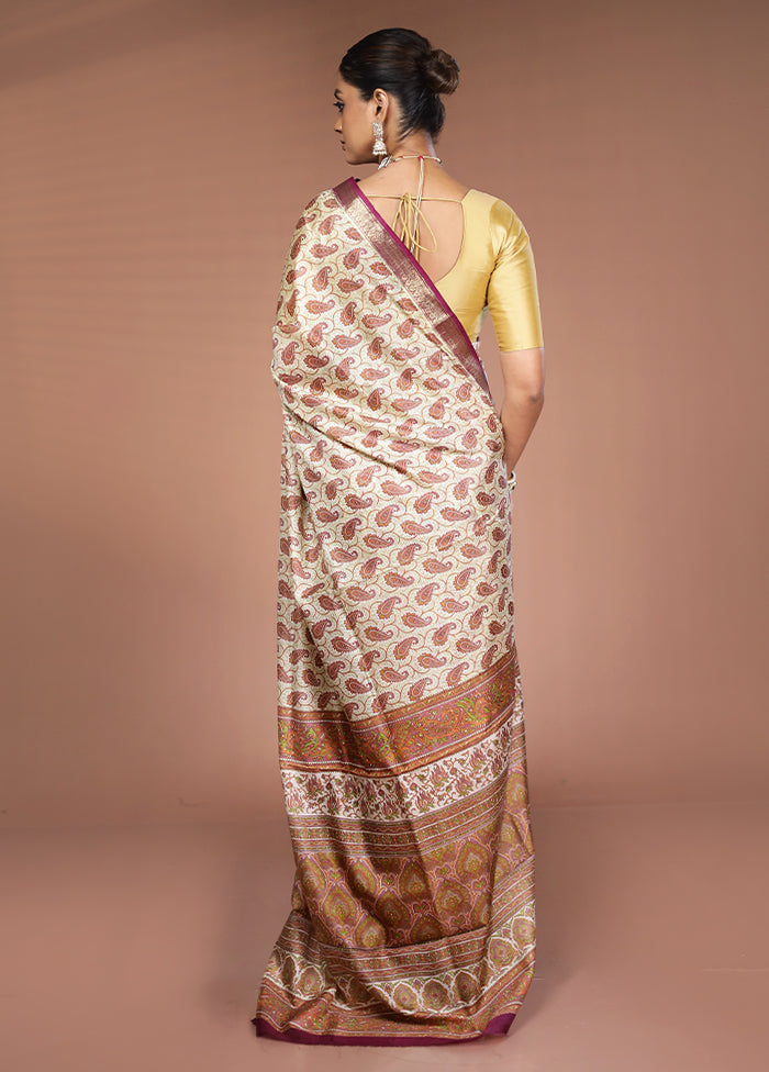 Cream Printed Silk Saree Without Blouse Piece