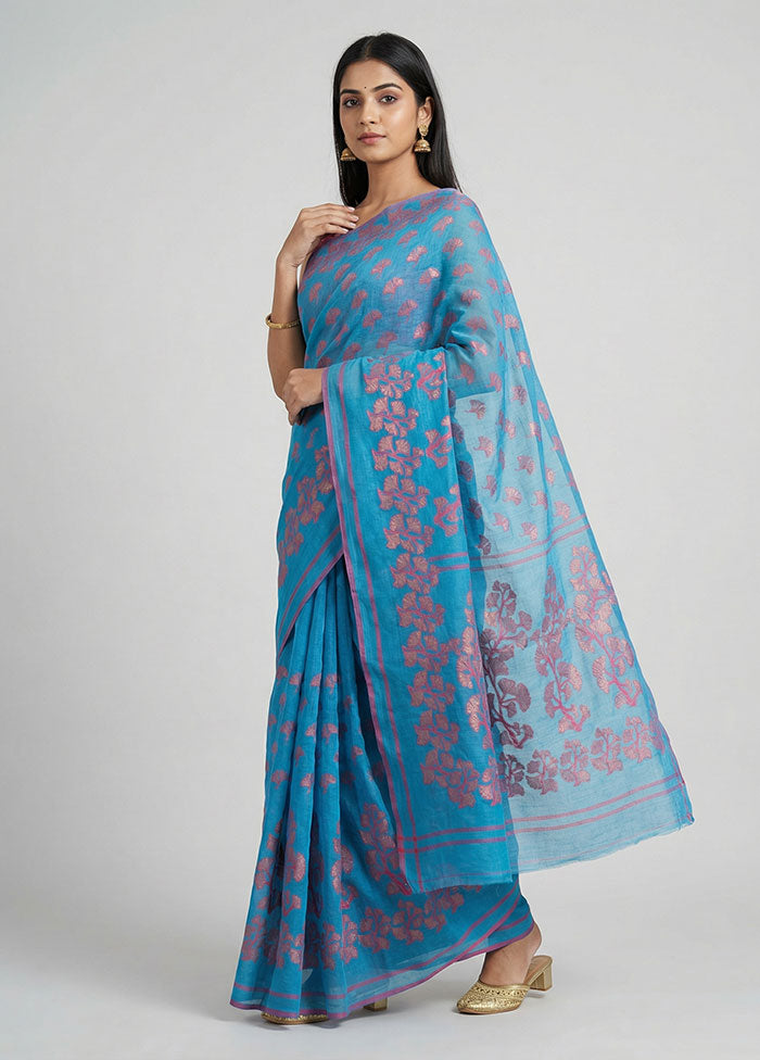 Blue Jamdani Cotton Saree Without Blouse Piece