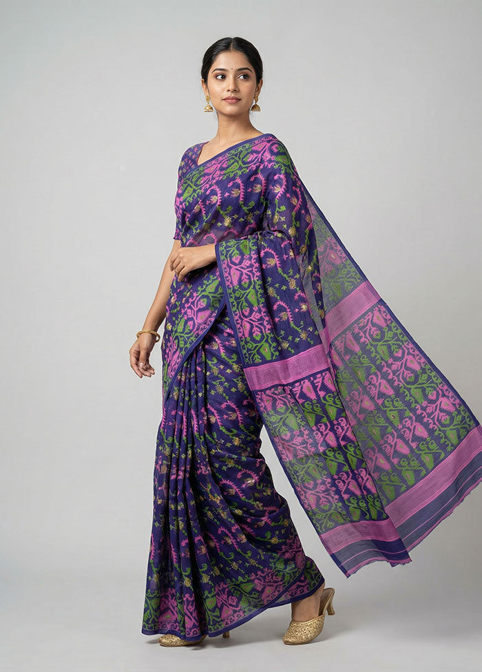 Blue Jamdani Cotton Saree Without Blouse Piece