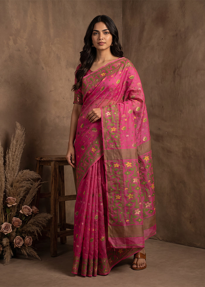 Pink Jamdani Cotton Saree Without Blouse Piece