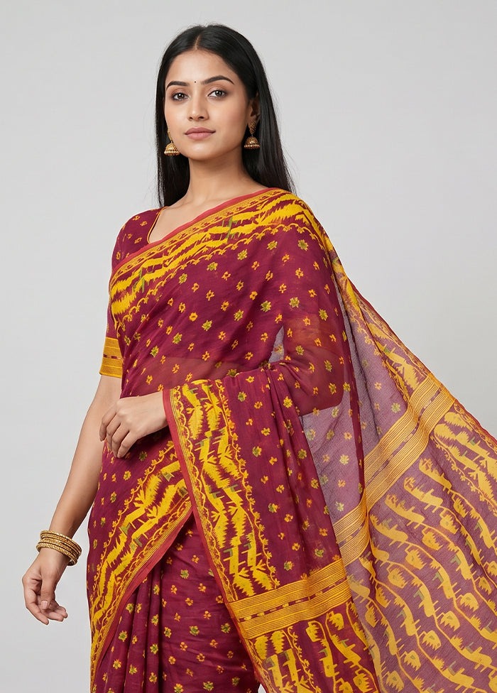 Purple Jamdani Cotton Saree Without Blouse Piece