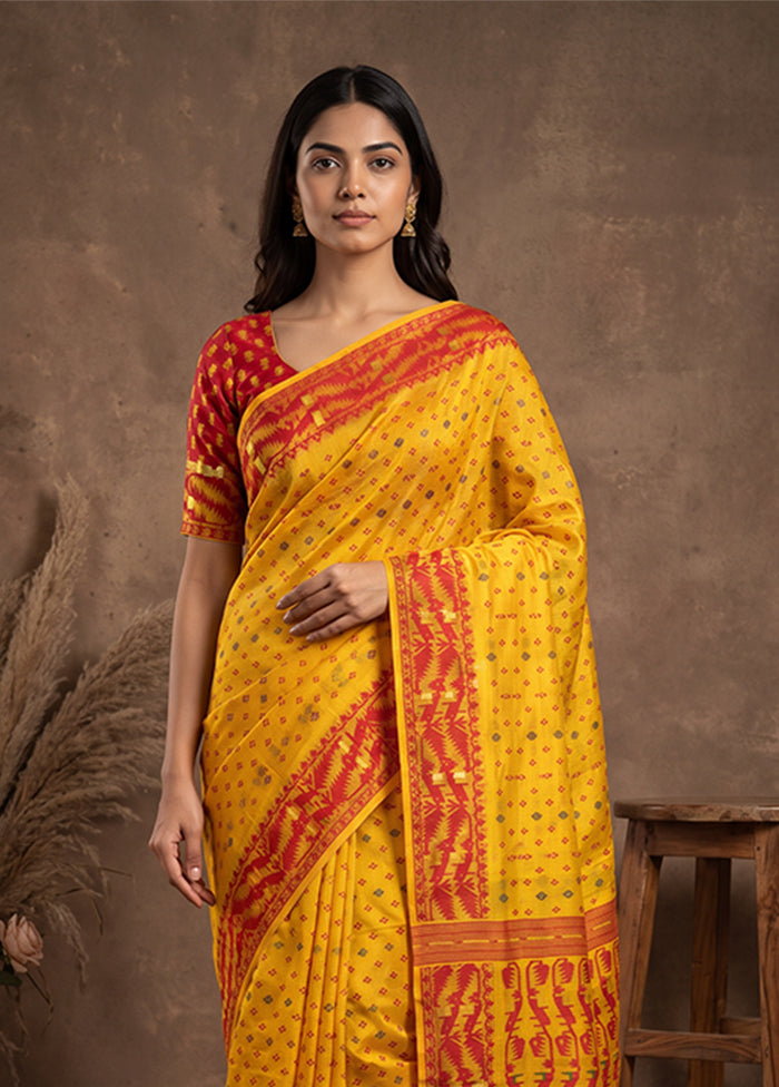 Yellow Jamdani Cotton Saree Without Blouse Piece