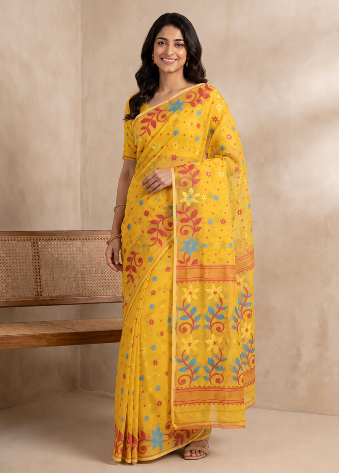 Yellow Jamdani Cotton Saree Without Blouse Piece