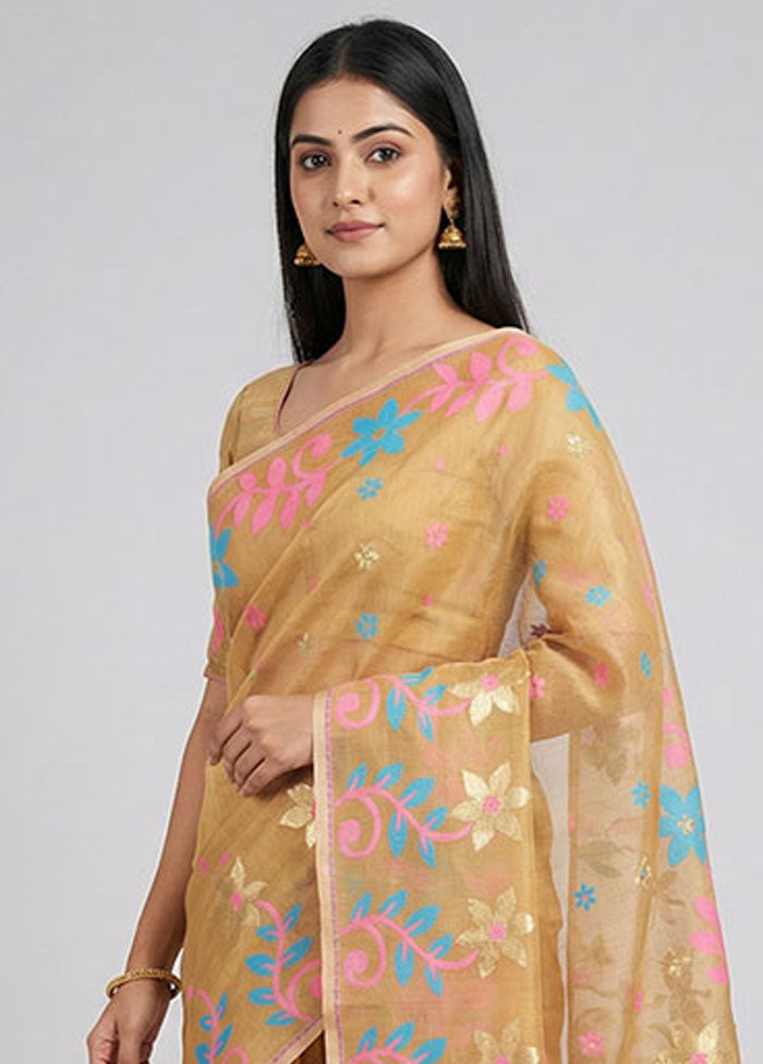 Cream Jamdani Cotton Saree Without Blouse Piece