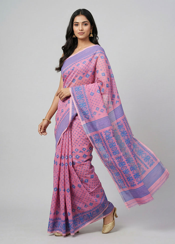 Pink Jamdani Cotton Saree Without Blouse Piece