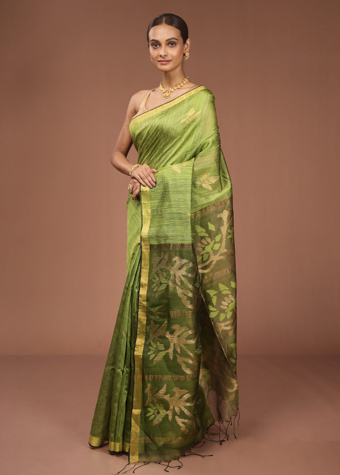 Green Handloom Matka Pure Silk Saree With Blouse Piece