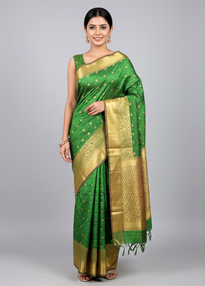 Green Handloom Kanjivaram Pure Silk Saree With Blouse Piece