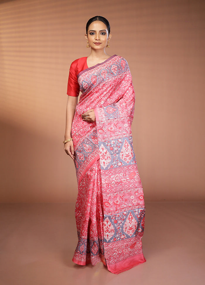 Pink Printed Silk Saree Without Blouse Piece