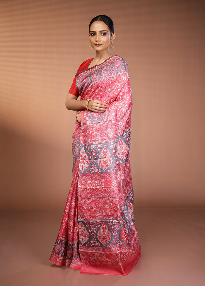 Pink Printed Silk Saree Without Blouse Piece