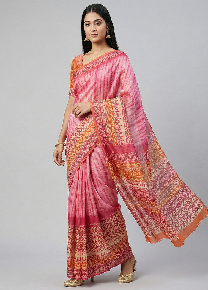 Pink Printed Pure Silk Saree Without Blouse Piece