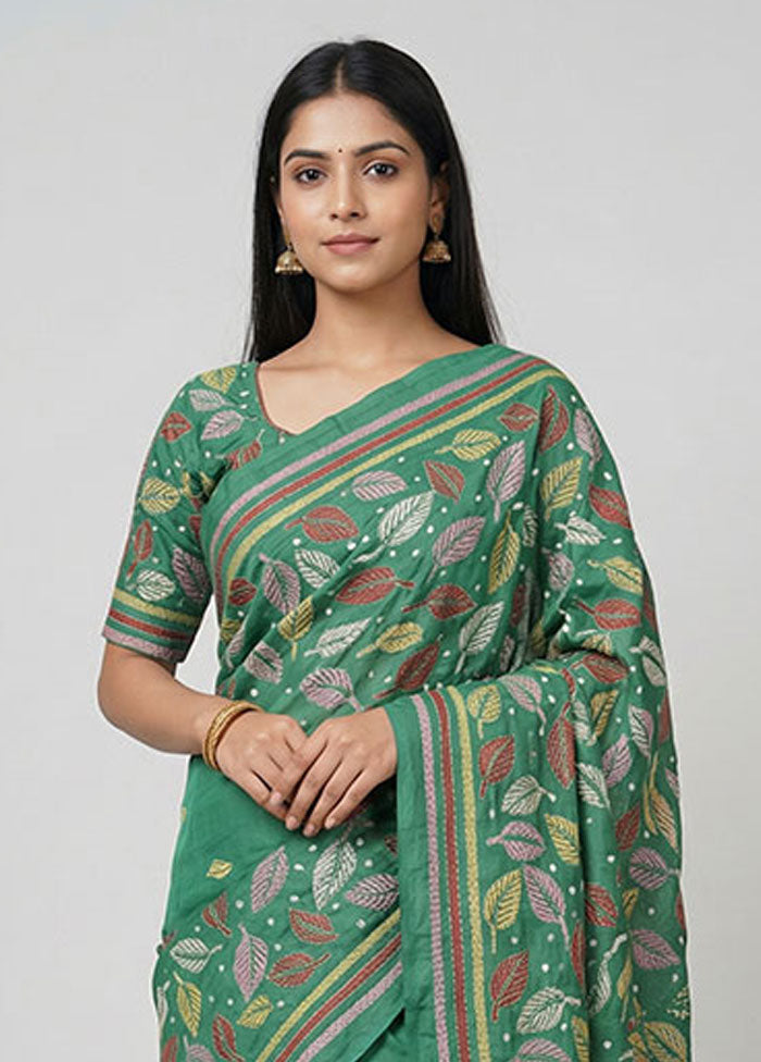 Green Kantha Stitch Silk Saree With Blouse Piece