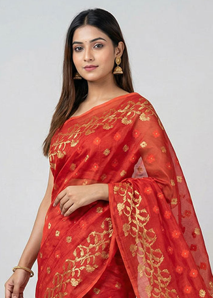 Red Jamdani Cotton Saree Without Blouse Piece