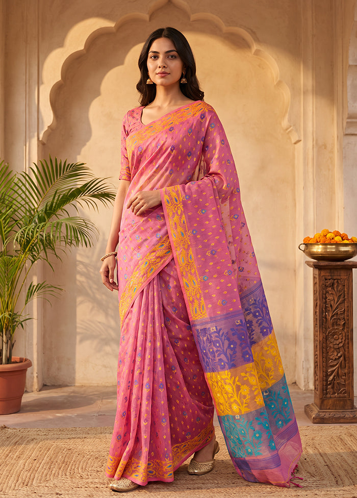 Pink Jamdani Cotton Saree Without Blouse Piece
