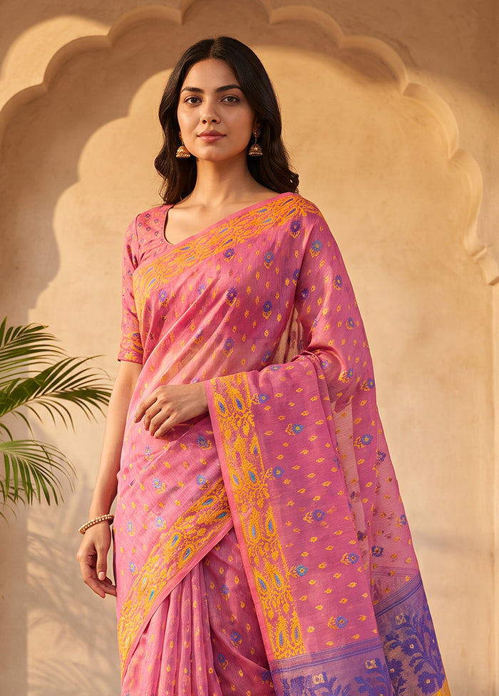 Pink Jamdani Cotton Saree Without Blouse Piece