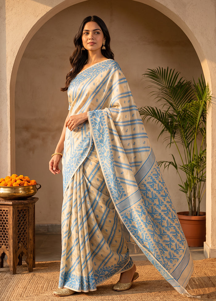 Cream Jamdani Cotton Saree Without Blouse Piece