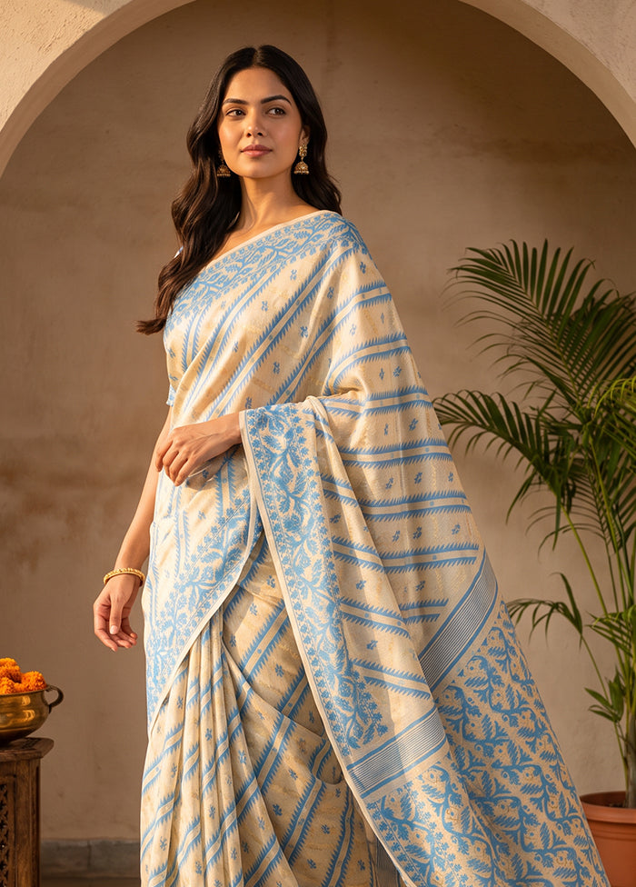 Cream Jamdani Cotton Saree Without Blouse Piece