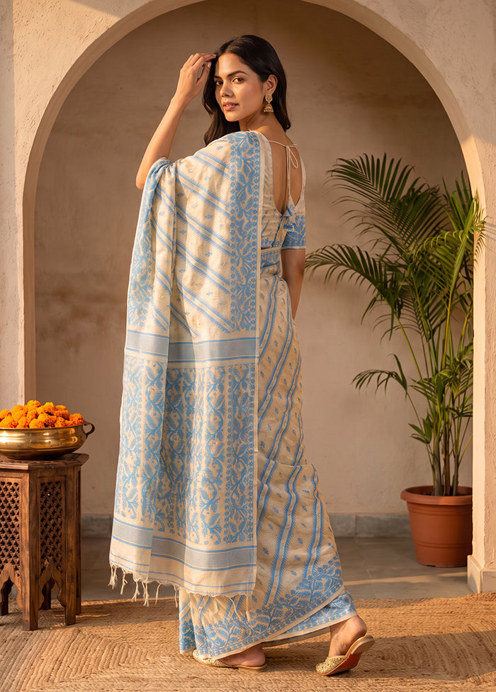 Cream Jamdani Cotton Saree Without Blouse Piece